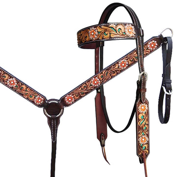 HILASON Western Horse Floral Headstall Breast Collar One American Leather Tack Set